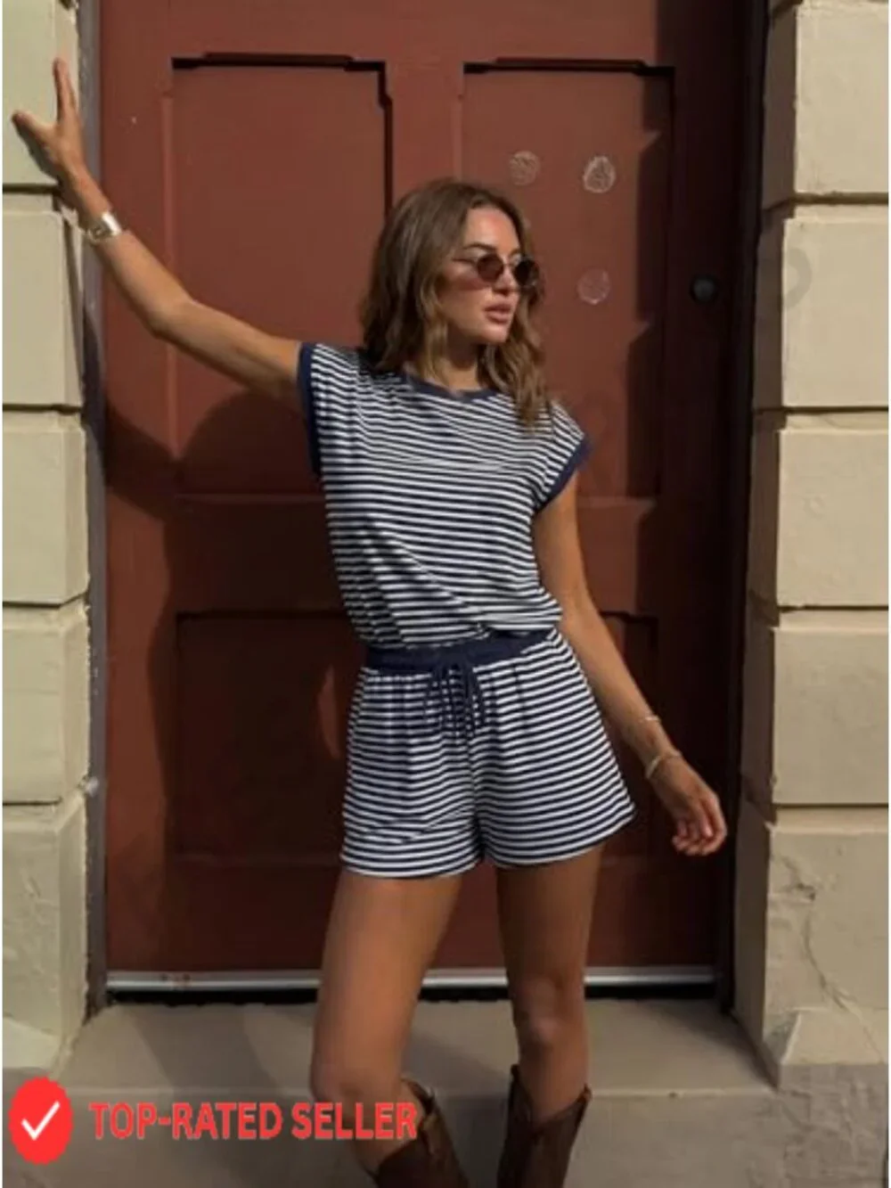 Striped Summer Romper 95% Cotton Sleeveless Adjustable Drawstring Waist